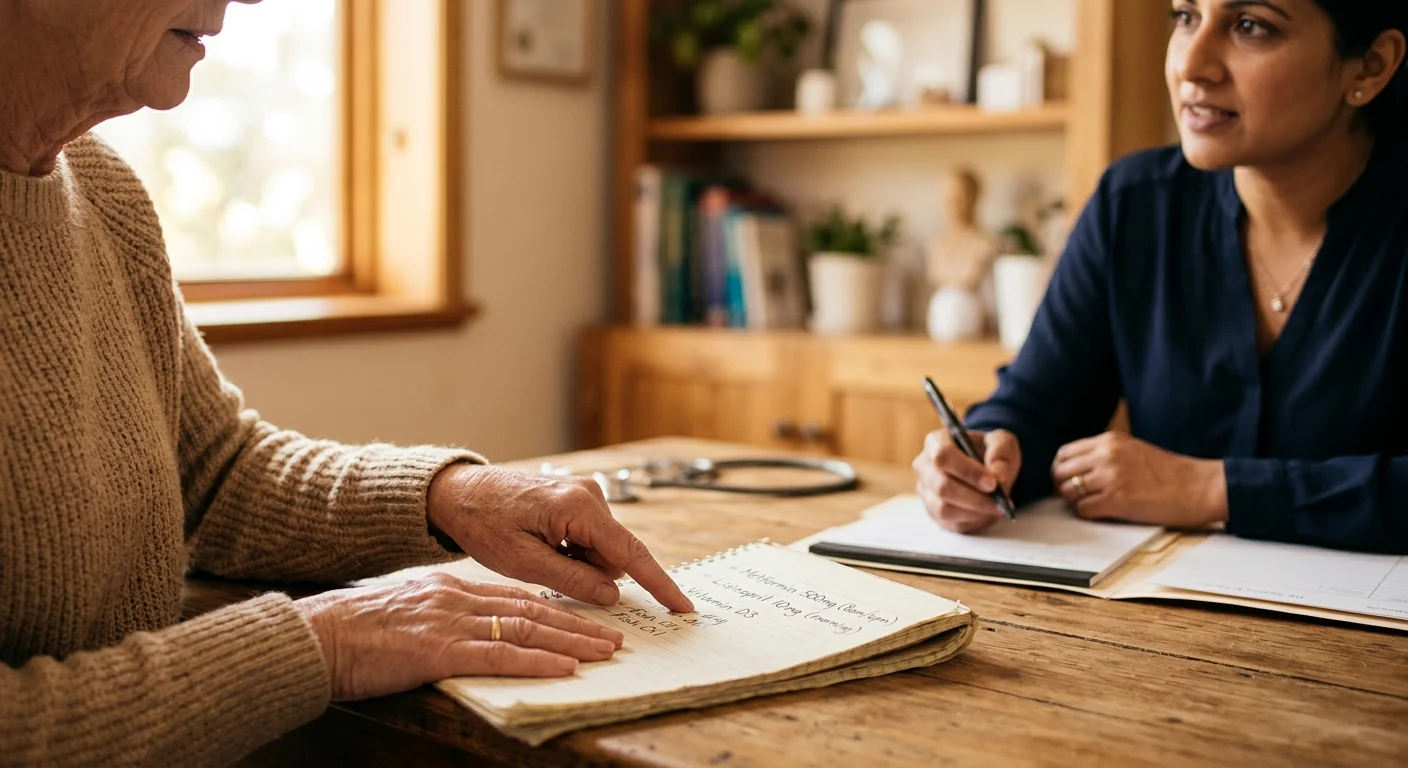 Close-up photo of an older patient and doctor reviewing a handwritten supplement list together during a consultation.