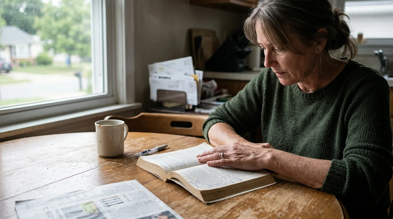 A woman sitting at a wooden kitchen table reads an open book beside a mug, pen, and newspaper near a window.