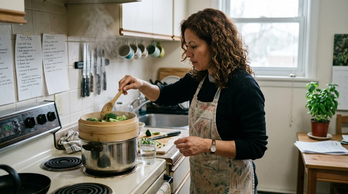 A woman in an apron uses a wooden spoon to check broccoli in a bamboo steamer on a stove.