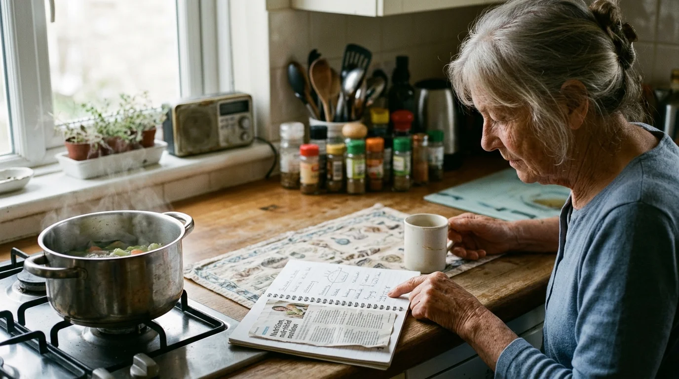 Senior woman reading a notebook beside a steaming pot on a gas stove in a kitchen.