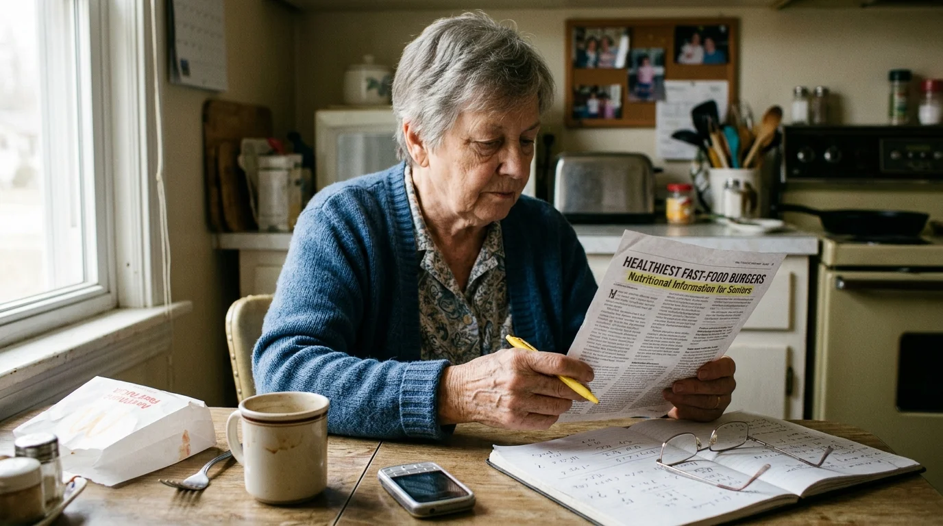 An older woman sits at a kitchen table reading a printed article about healthiest fast-food burgers for seniors.
