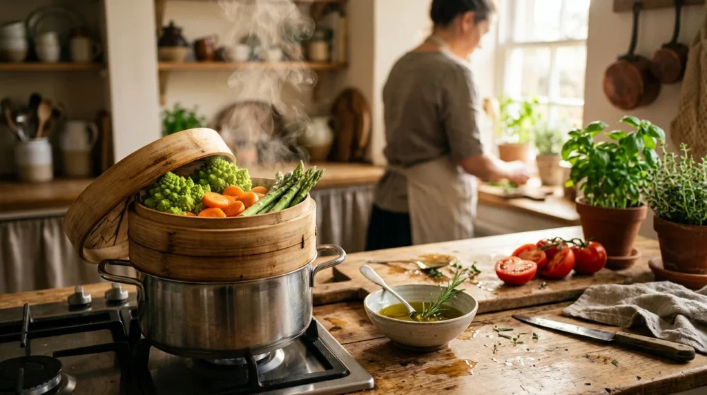 Steaming vegetables in a bamboo steamer on a stove in a rustic kitchen with fresh herbs and sliced tomatoes nearby.