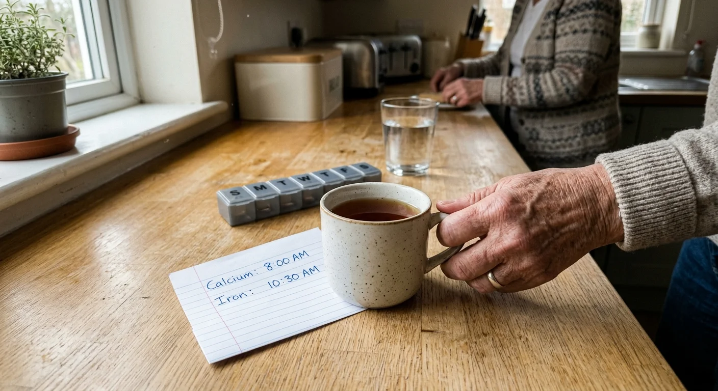 High-angle photo of a hand placing a tea mug next to a handwritten note scheduling calcium at 8 AM and iron at 10:30 AM.