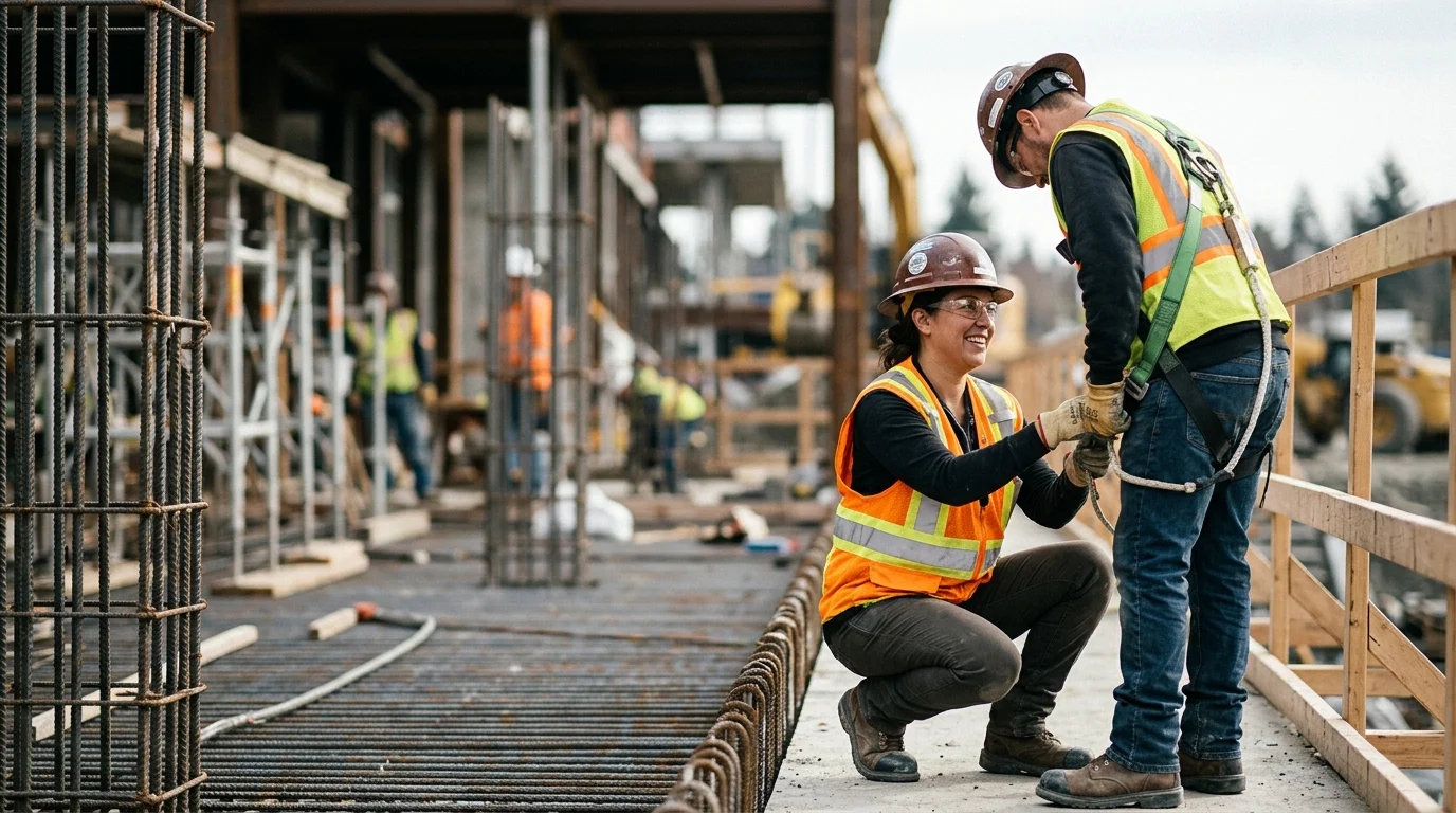 Two construction workers wearing hard hats and safety vests check a safety harness on a building site.