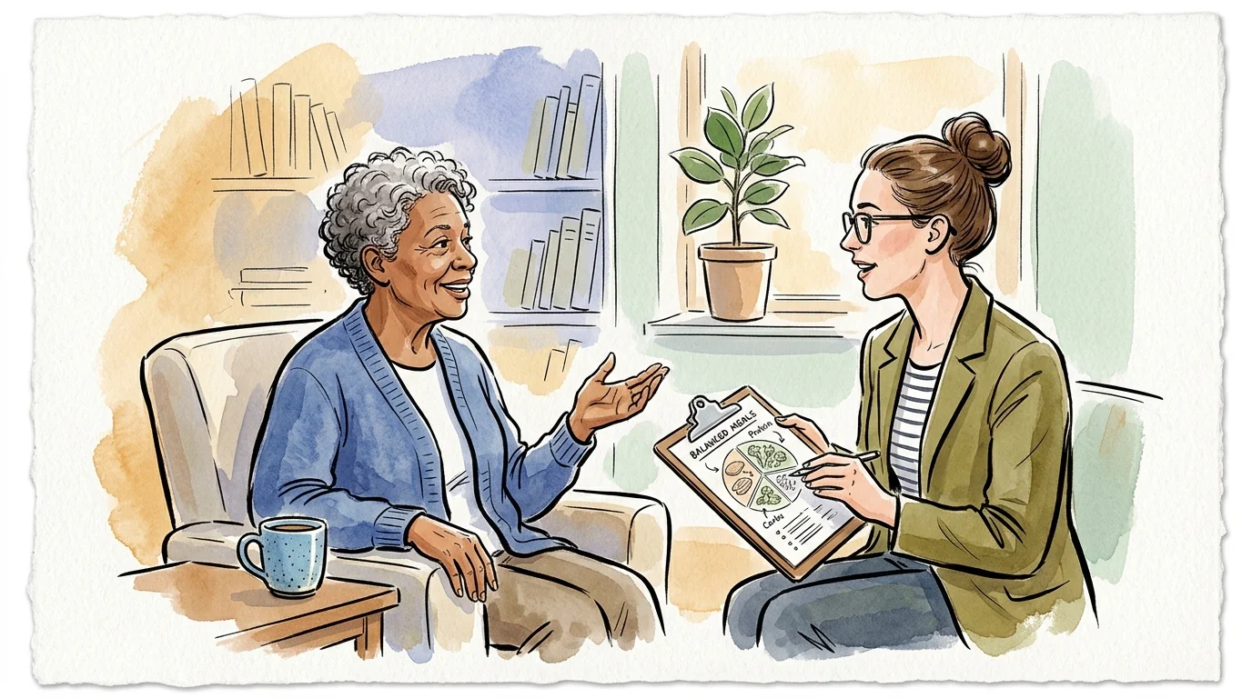 Watercolor sketch of an older woman talking with a professional holding a clipboard titled Balanced Meals.