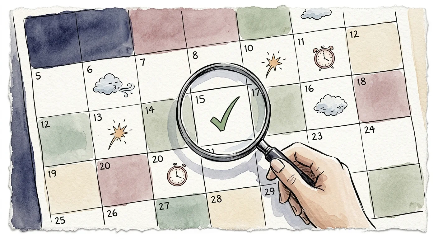 Ink and watercolor illustration of a calendar tracking unpredictable patterns, with tiny weather icons representing changing symptoms.