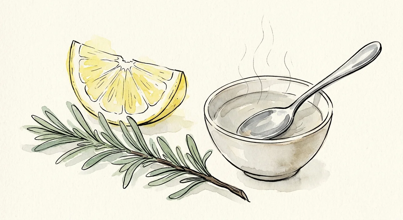 Ink and watercolor illustration of a lemon slice, fresh rosemary, and a steaming bowl of broth, representing appetite recovery.