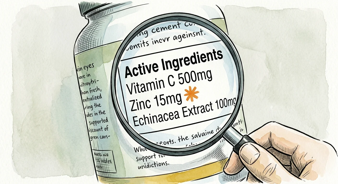 Ink and watercolor illustration of a magnifying glass highlighting the active ingredients list on a supplement label.
