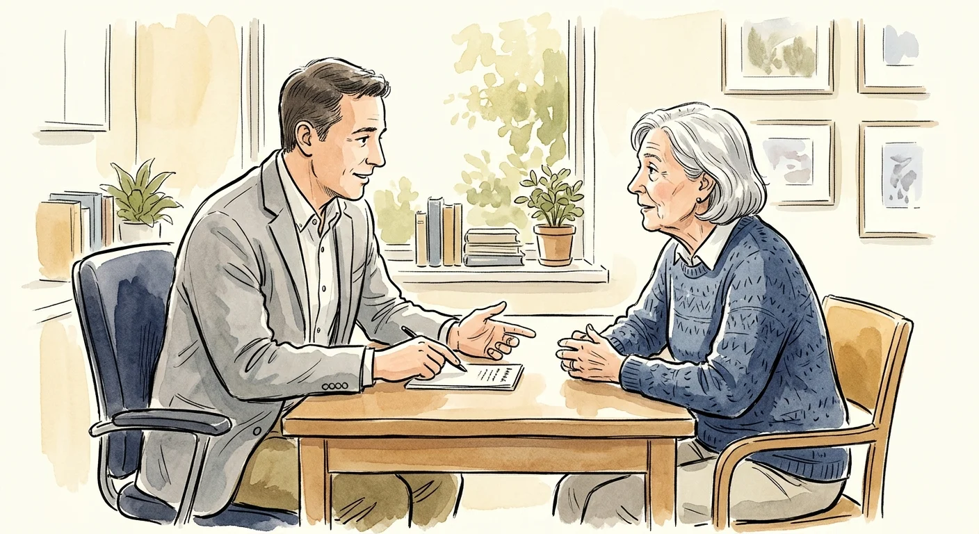 Ink and watercolor illustration of a supportive doctor-patient consultation, discussing medication and health updates.
