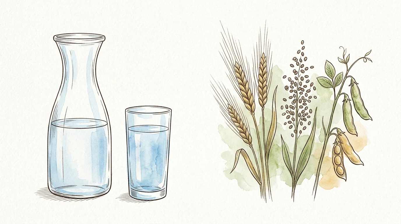 Watercolor illustration of a glass carafe and cup filled with water beside wheat stalks, grains, and pea pods.