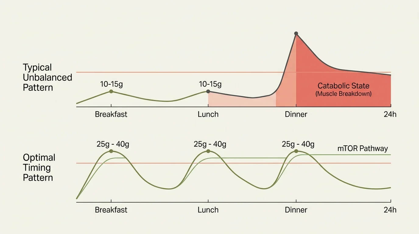 Line graph comparing an unbalanced protein intake pattern with an optimal, balanced pattern showing protein thresholds over three meals.