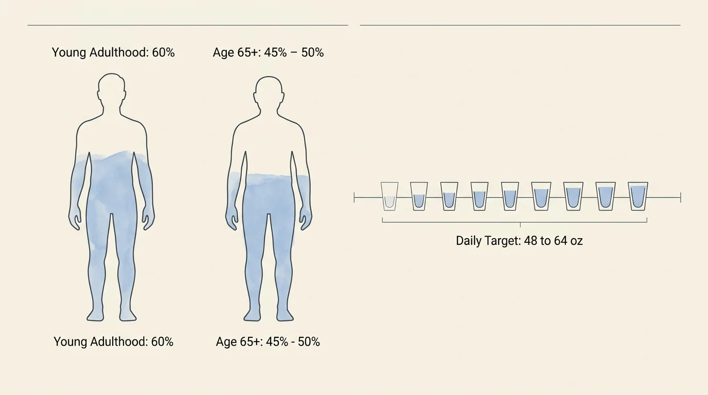 Minimalist diagram comparing body water percentage in young adults (60%) versus seniors (45% to 50%), and a daily hydration target.
