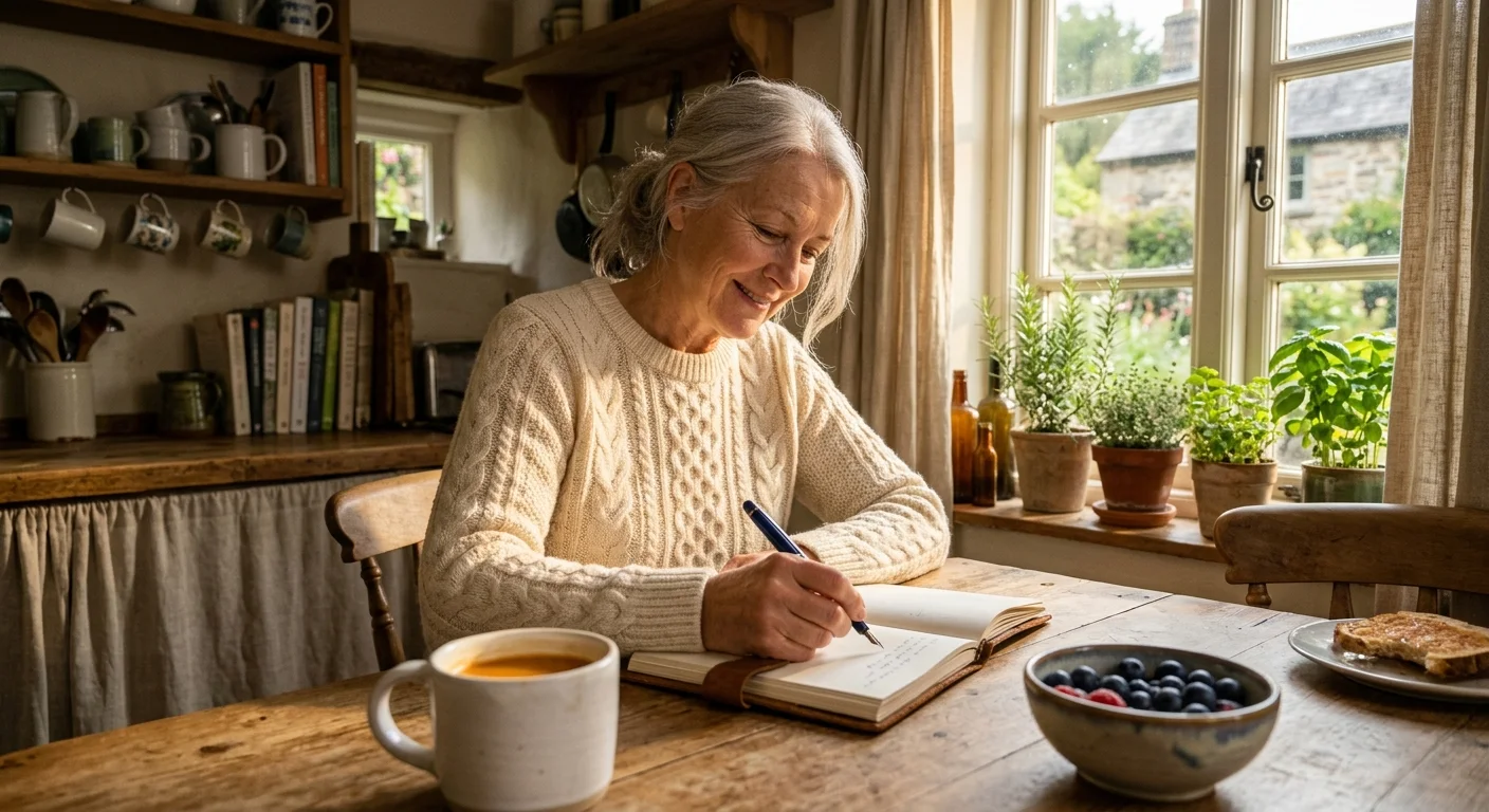 Photo of a senior woman writing in her journal at a sun-drenched kitchen table, enjoying a peaceful morning with fresh berries and tea.