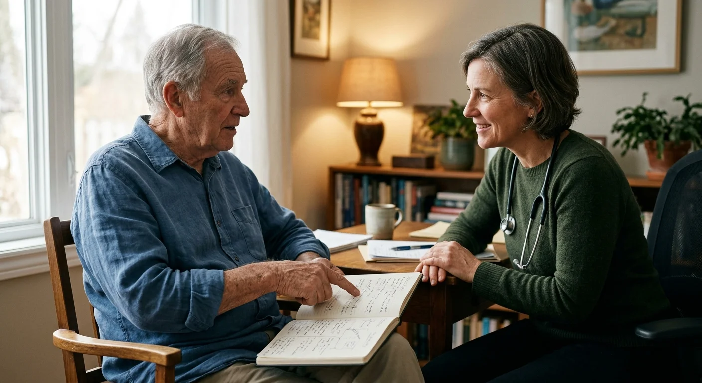 Photo of an older man sharing his hand-written symptom diary with a caring, attentive doctor in a warm, sunlit consultation room.