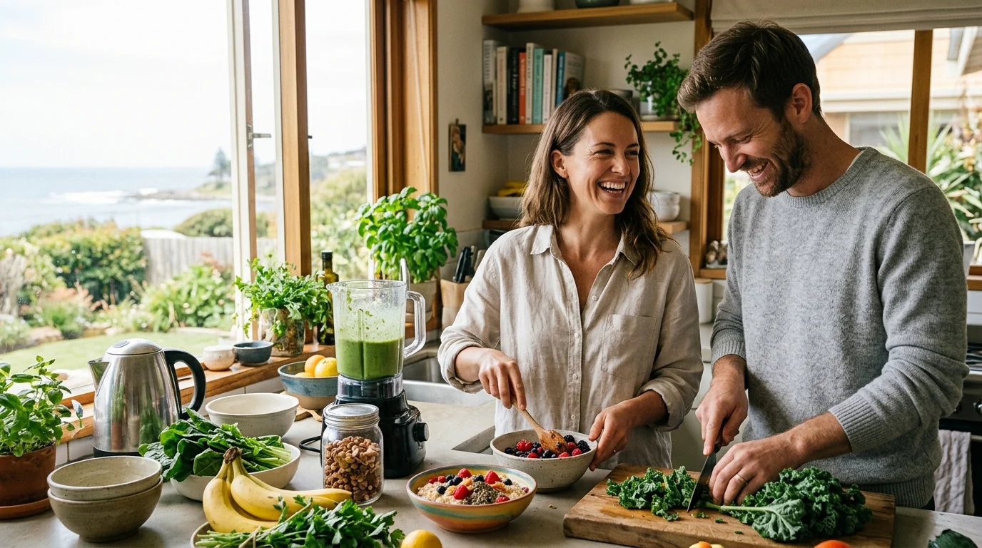 A smiling couple prepares fresh fruit bowls, chopped greens, and a smoothie together in a bright, scenic kitchen.