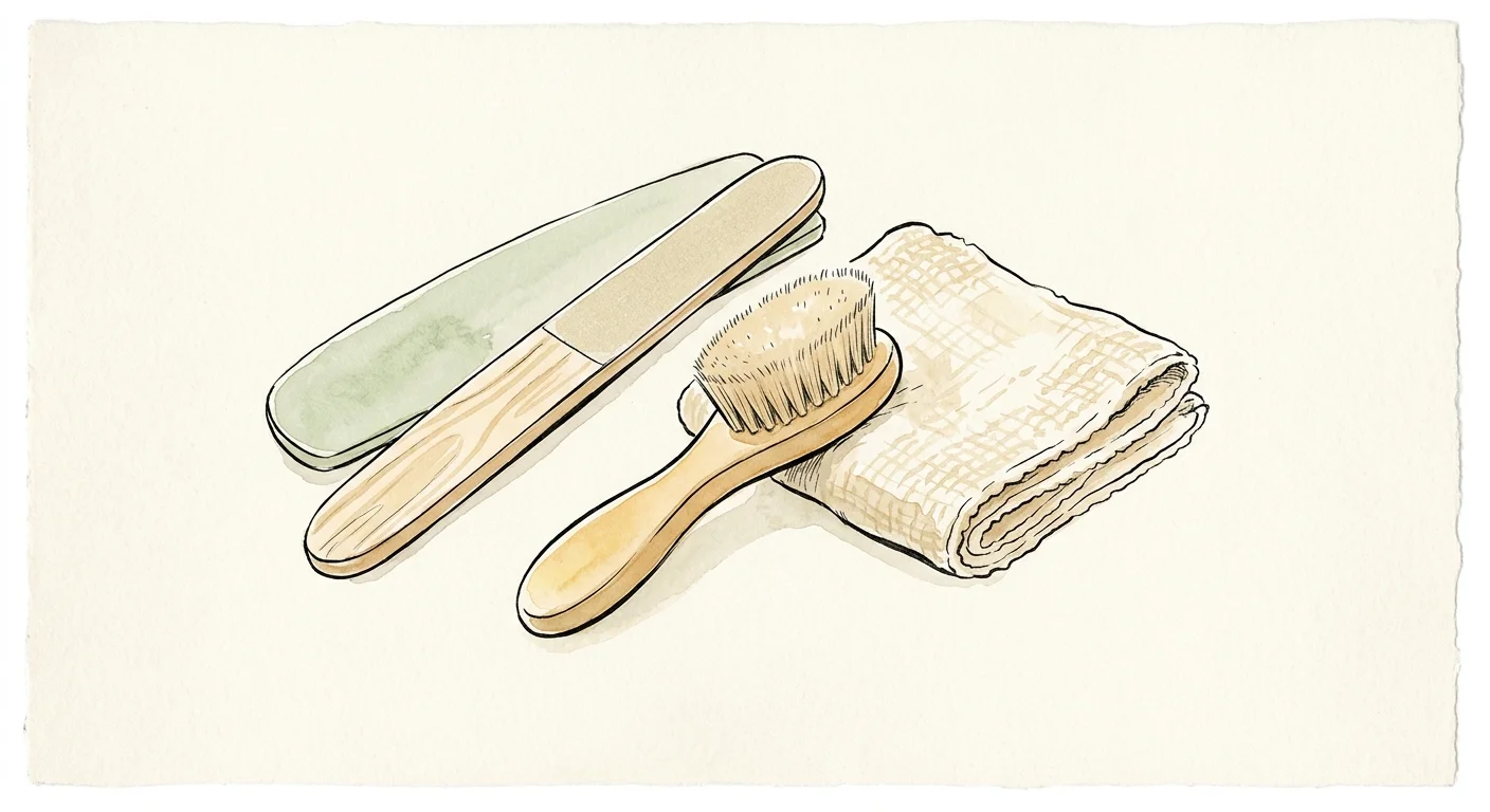Soft watercolor and ink illustration of safe nail care items, including an emery board and a soft cotton towel.