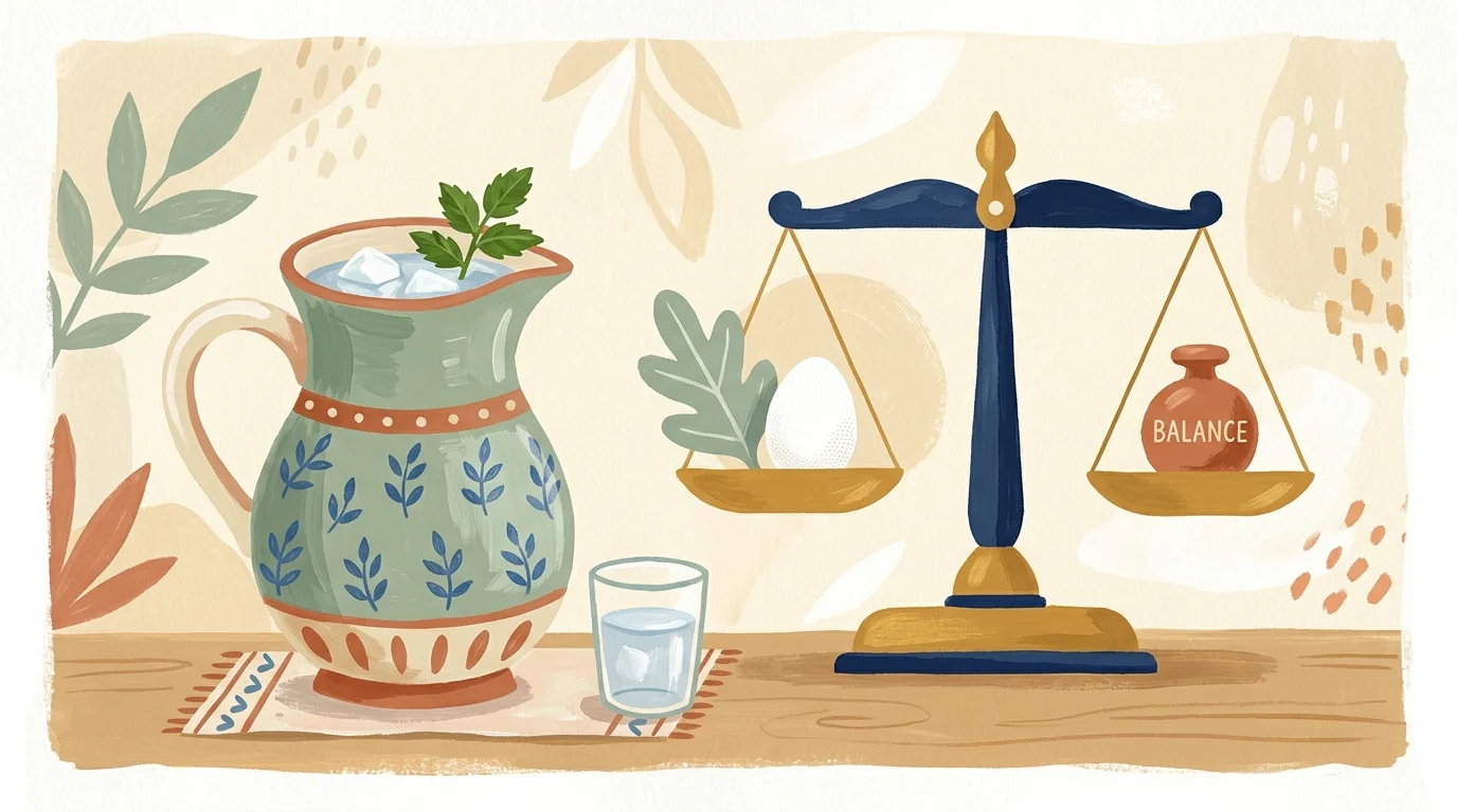 Stylized gouache illustration of a water pitcher and a balanced scale, symbolizing safe moderation and hydration in diet.