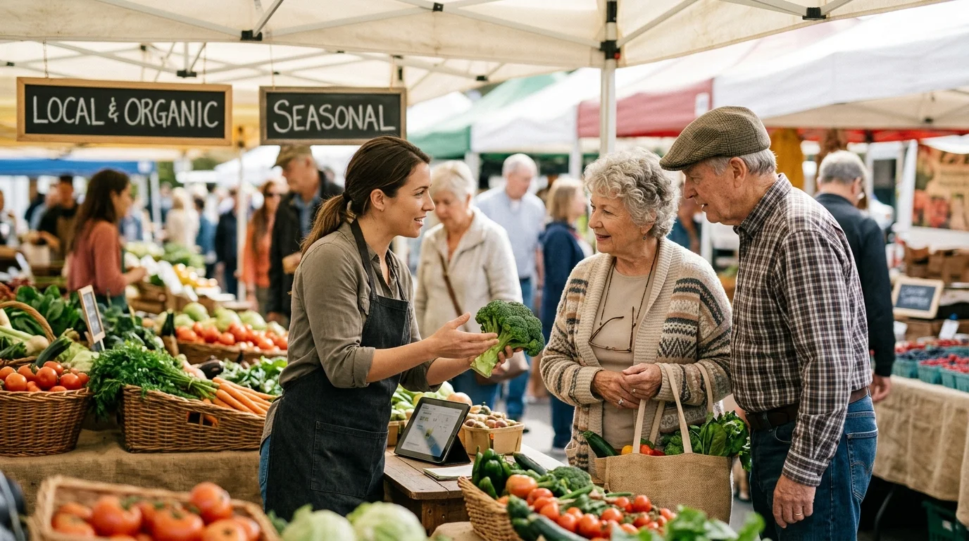 A vendor holding a head of broccoli talks with an elderly couple shopping at an outdoor farmers market stall.