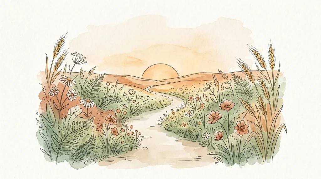 Watercolor illustration of a lush, diverse garden path at sunrise, symbolizing a healthy and balanced gut microbiome.