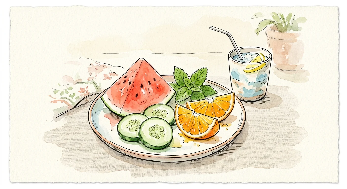 Watercolor illustration of a plate filled with hydrating foods like watermelon, cucumber slices, and orange wedges.