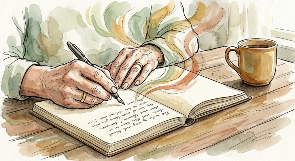 Watercolor illustration of a senior's hands writing in a health journal, surrounded by soft washes of color representing recovery.