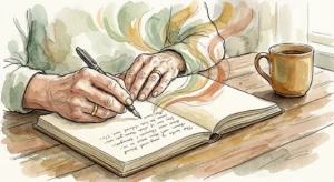 Watercolor illustration of a senior's hands writing in a health journal, surrounded by soft washes of color representing recovery.