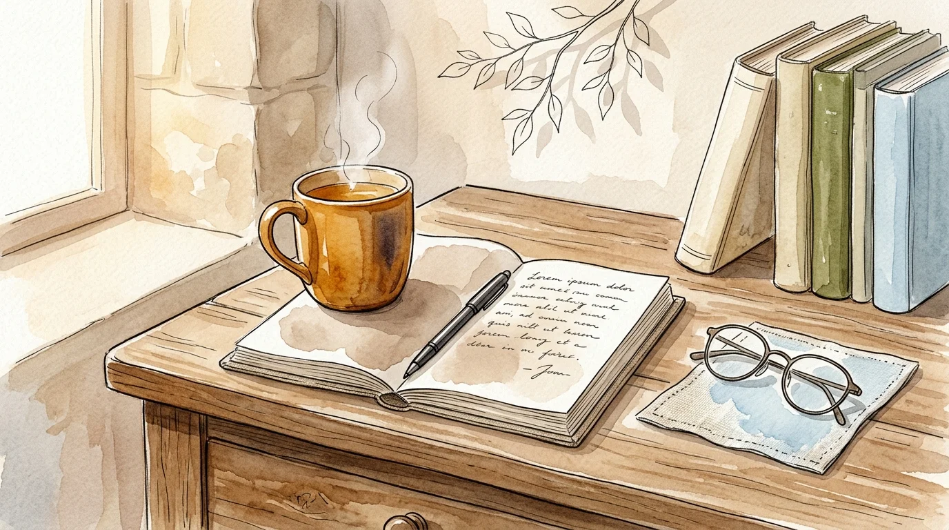 Watercolor illustration of a warm mug of tea, glasses, and an open journal on a bedside table, evoking gentle self-care.