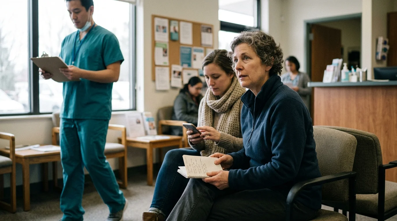 Patients wait in a medical clinic waiting room as a healthcare worker in teal scrubs walks past holding a clipboard.