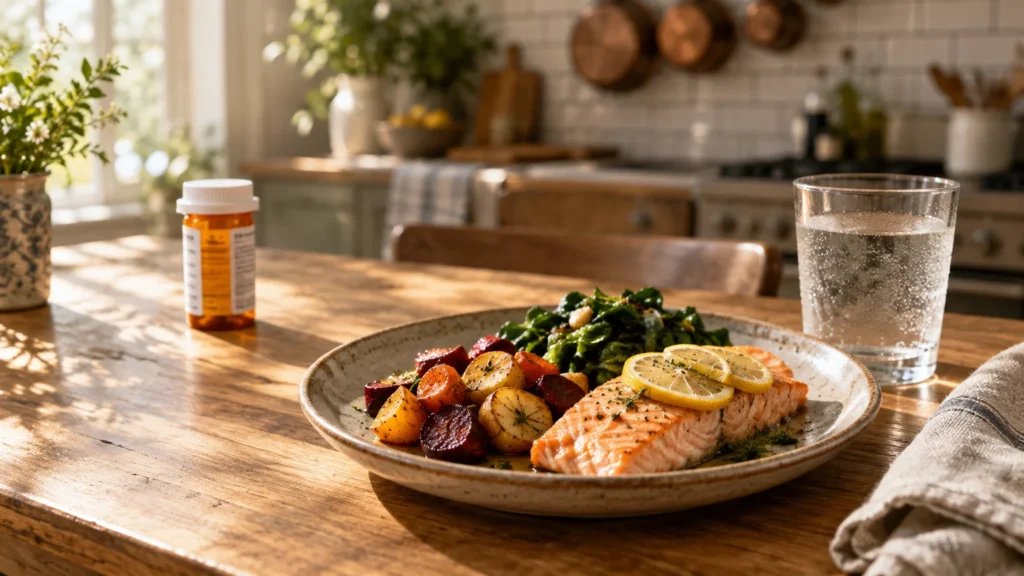 Plate of cooked salmon with lemon, roasted vegetables, and greens on a wooden table beside a pill bottle and glass of water.