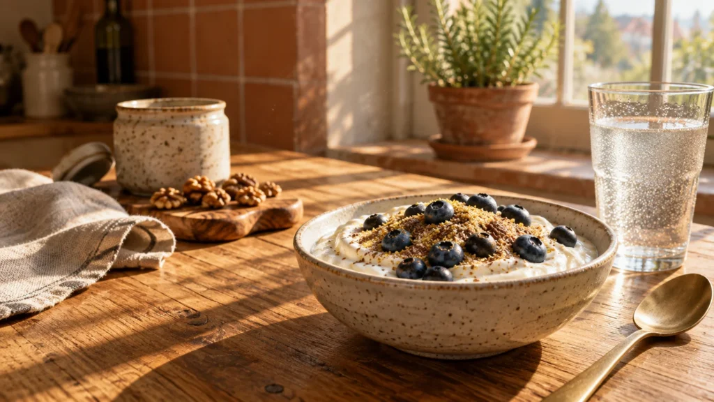 Ceramic bowl of yogurt topped with blueberries and flaxseed on a sunny wooden table beside walnuts and water.