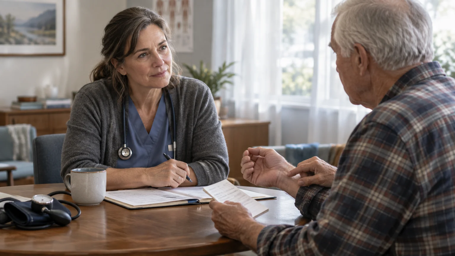 A female doctor in scrubs with a stethoscope listens to an older male patient gesturing across a table.