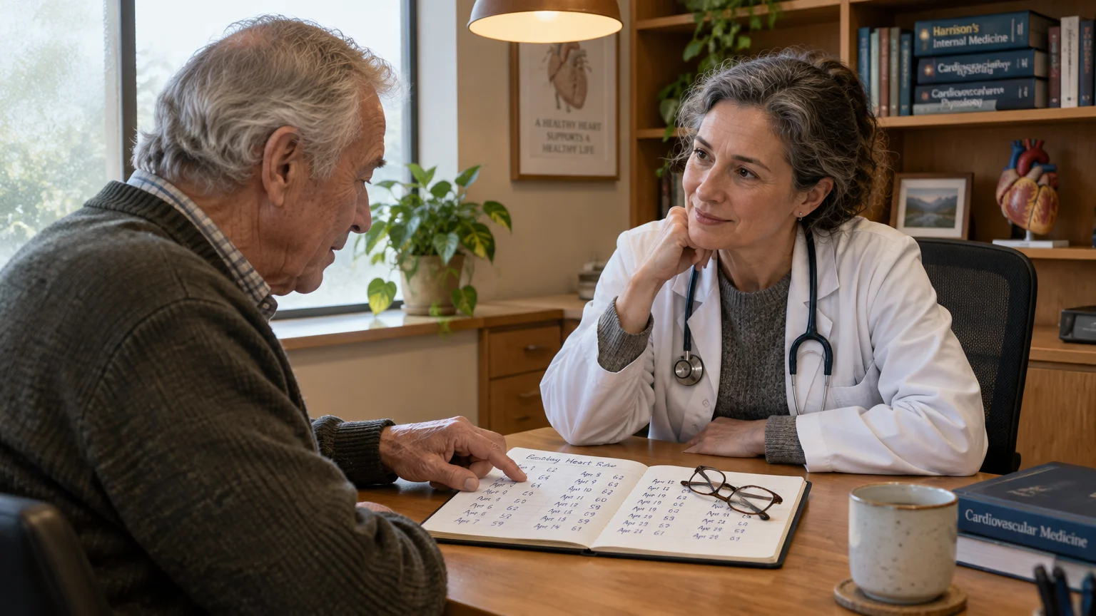 A doctor in a white coat listens to a senior man pointing at a handwritten logbook of daily heart rates.