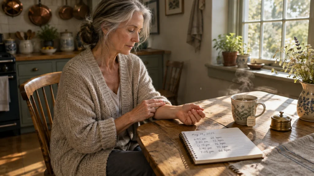 A mature woman sits at a wooden kitchen table checking her wrist pulse next to a logbook of heart rate recordings.