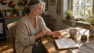A mature woman sits at a wooden kitchen table checking her wrist pulse next to a logbook of heart rate recordings.