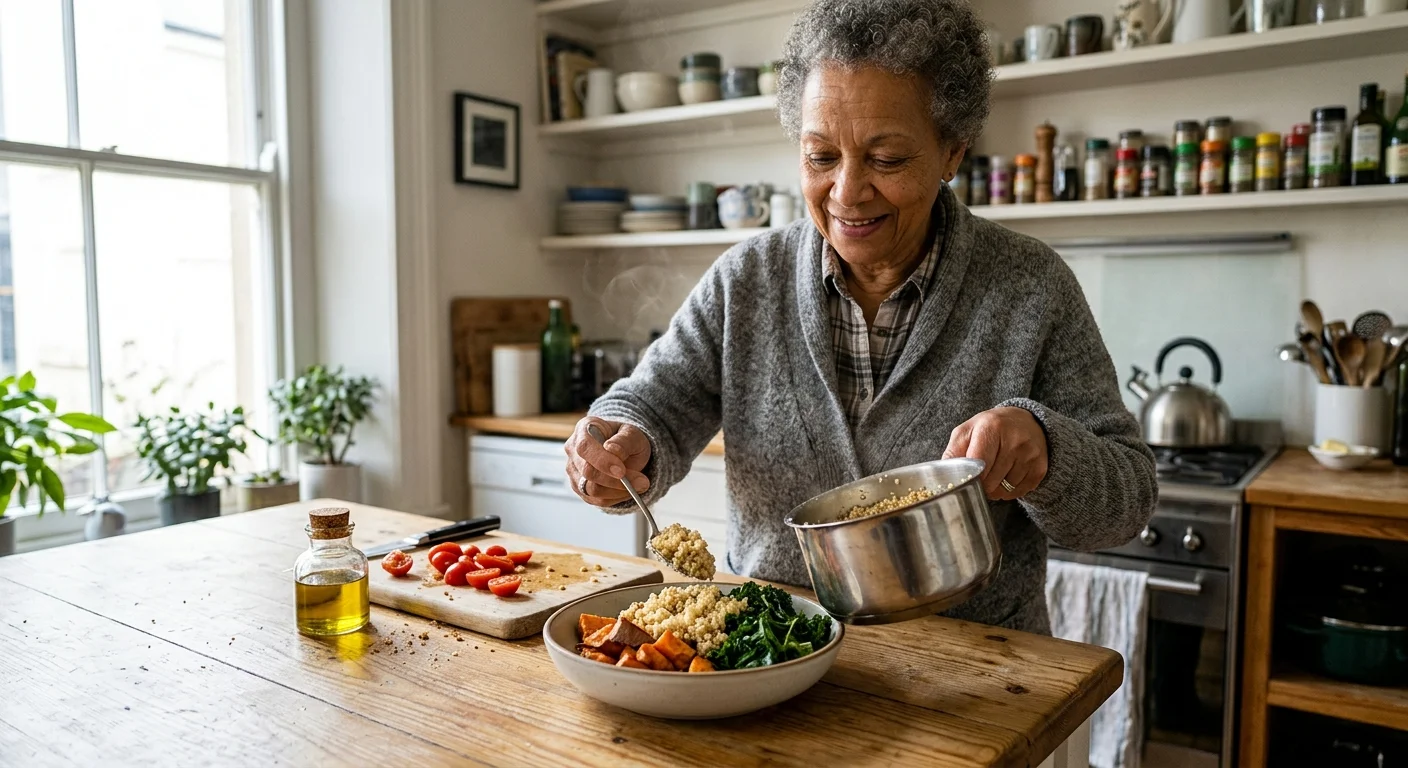 An older woman in a kitchen spoons cooked quinoa from a saucepan into a bowl with sweet potatoes and greens.