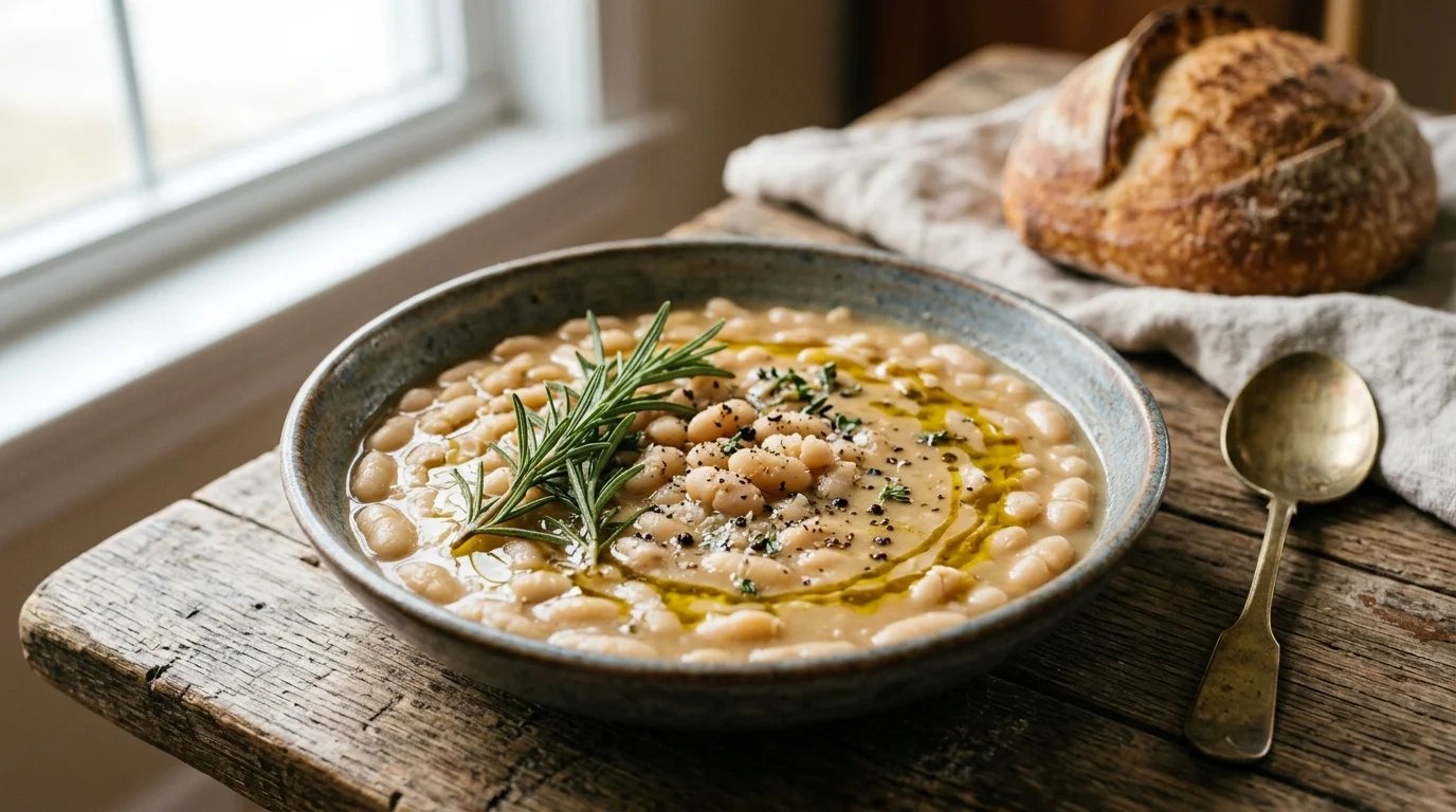 A bowl of white bean soup garnished with fresh rosemary and olive oil, set beside a spoon and crusty bread.