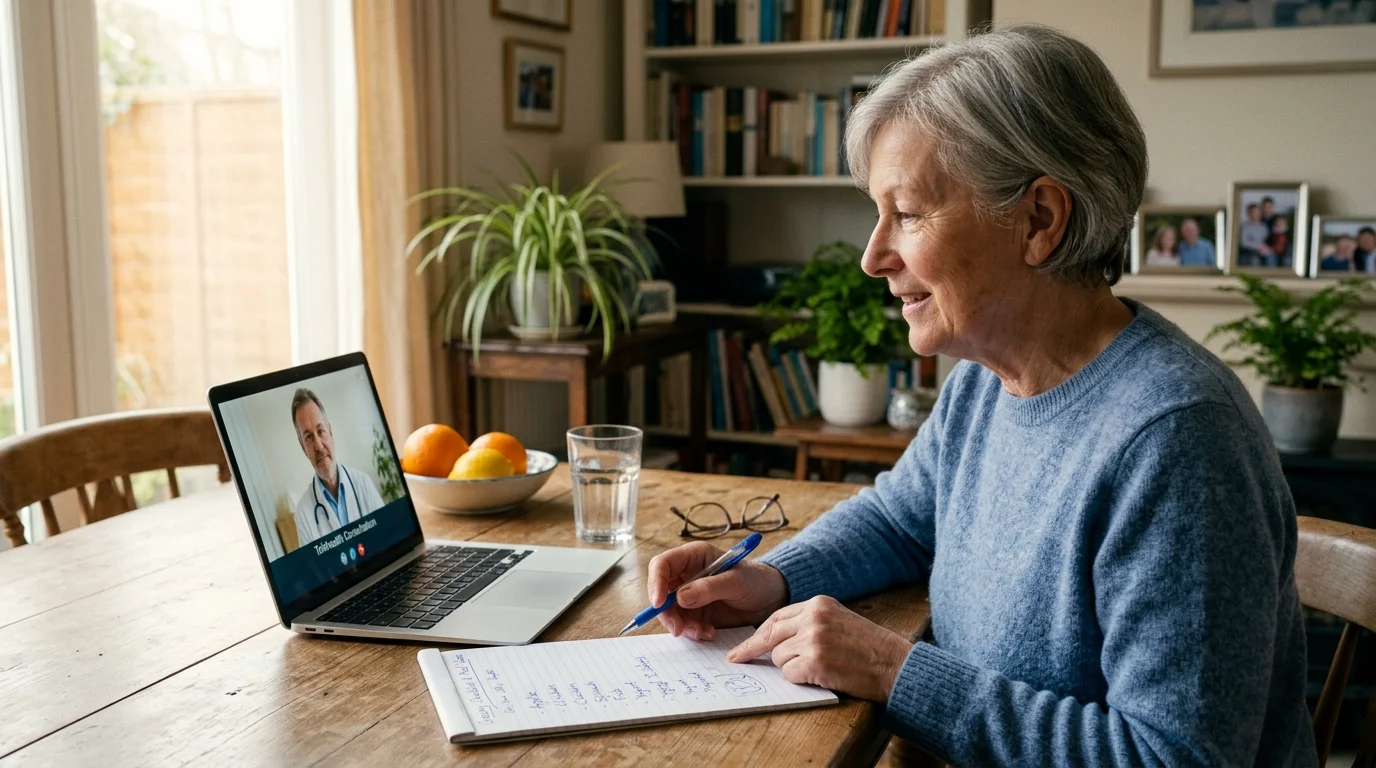 A senior woman sits at a wooden dining table having a telehealth video consultation on her laptop while taking notes.