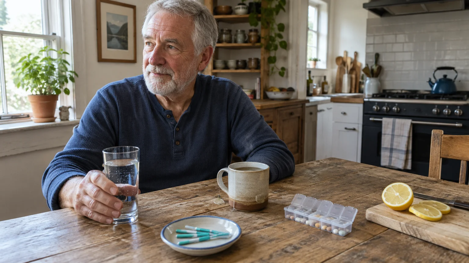 A senior man sits at a kitchen table holding a glass of water near a mug, pillbox, dental picks, and sliced lemon.