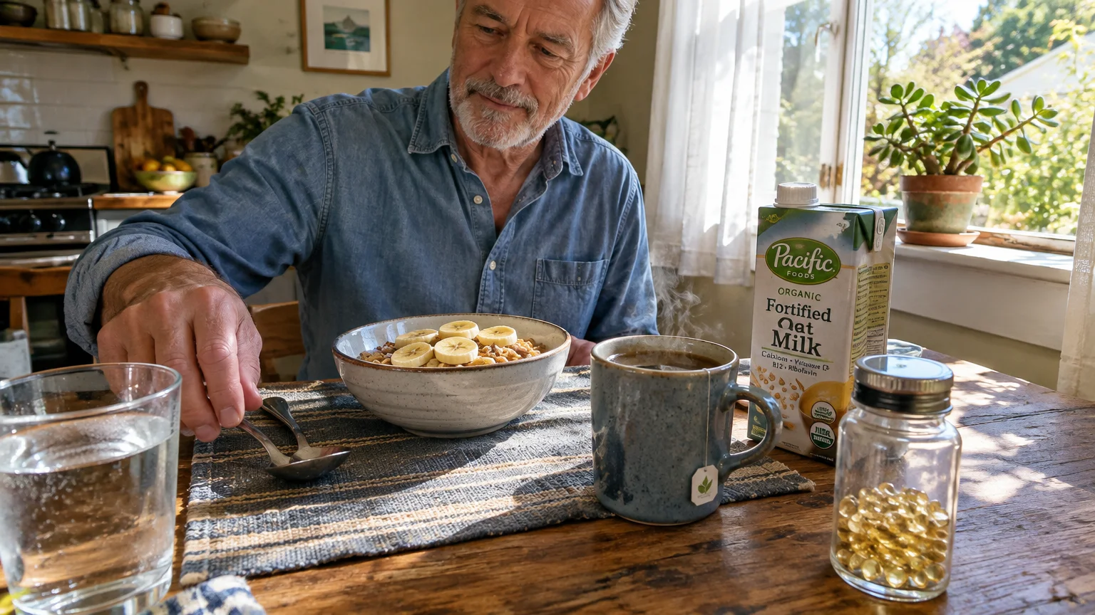 A man sits at a wooden kitchen table with oatmeal, fortified oat milk, a mug of tea, and a jar of supplement capsules.