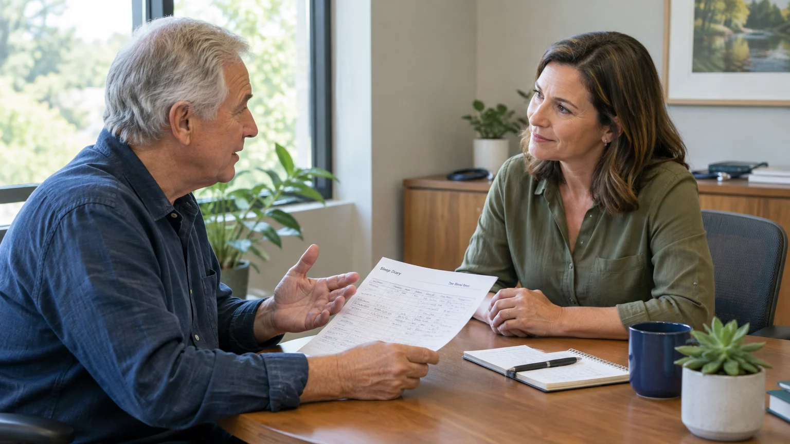 A man discusses a paper sleep diary with a listening woman across an office desk.