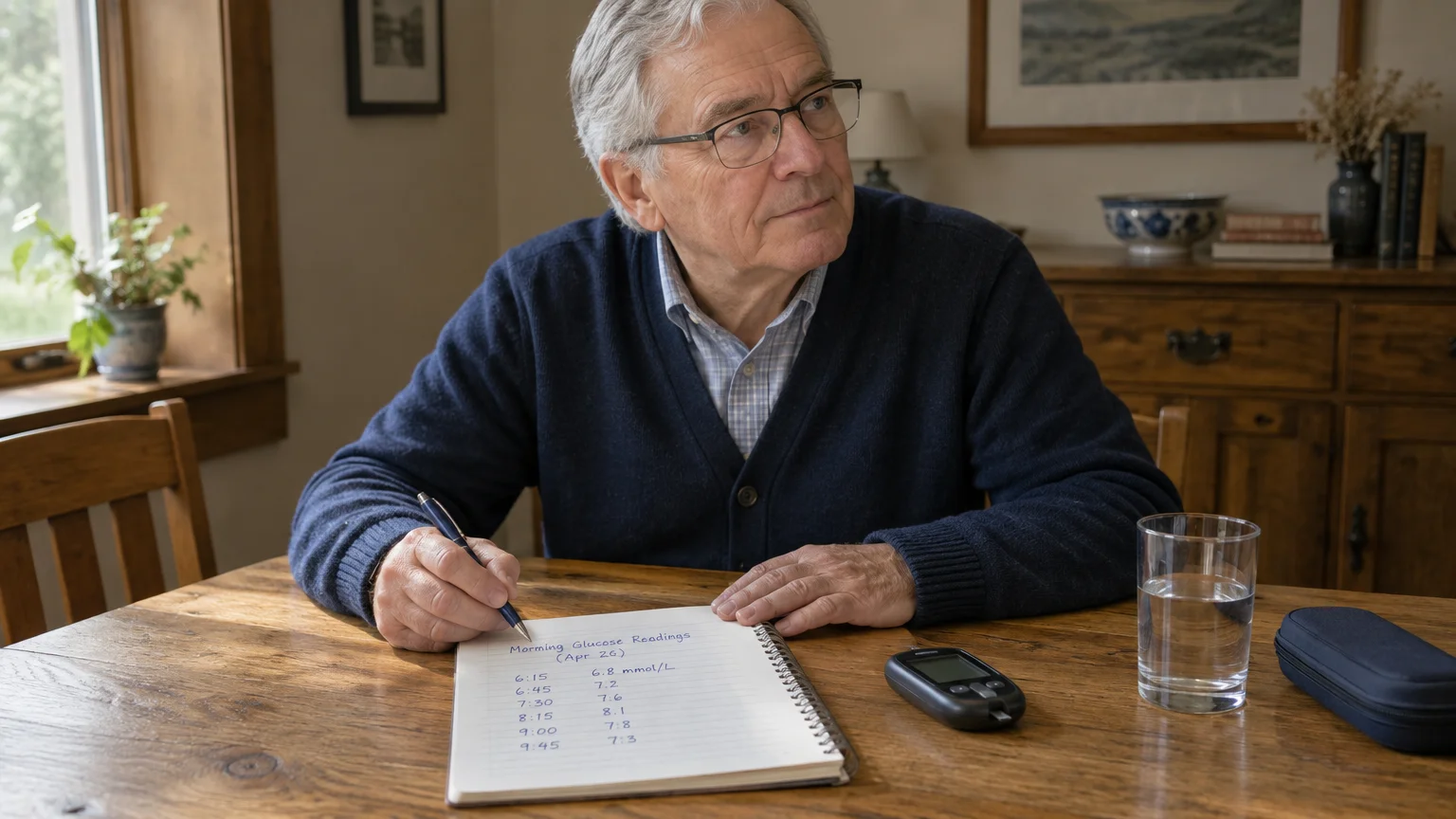 Older man with glasses writing blood glucose numbers in a spiral notebook beside a glucometer on a wooden table.
