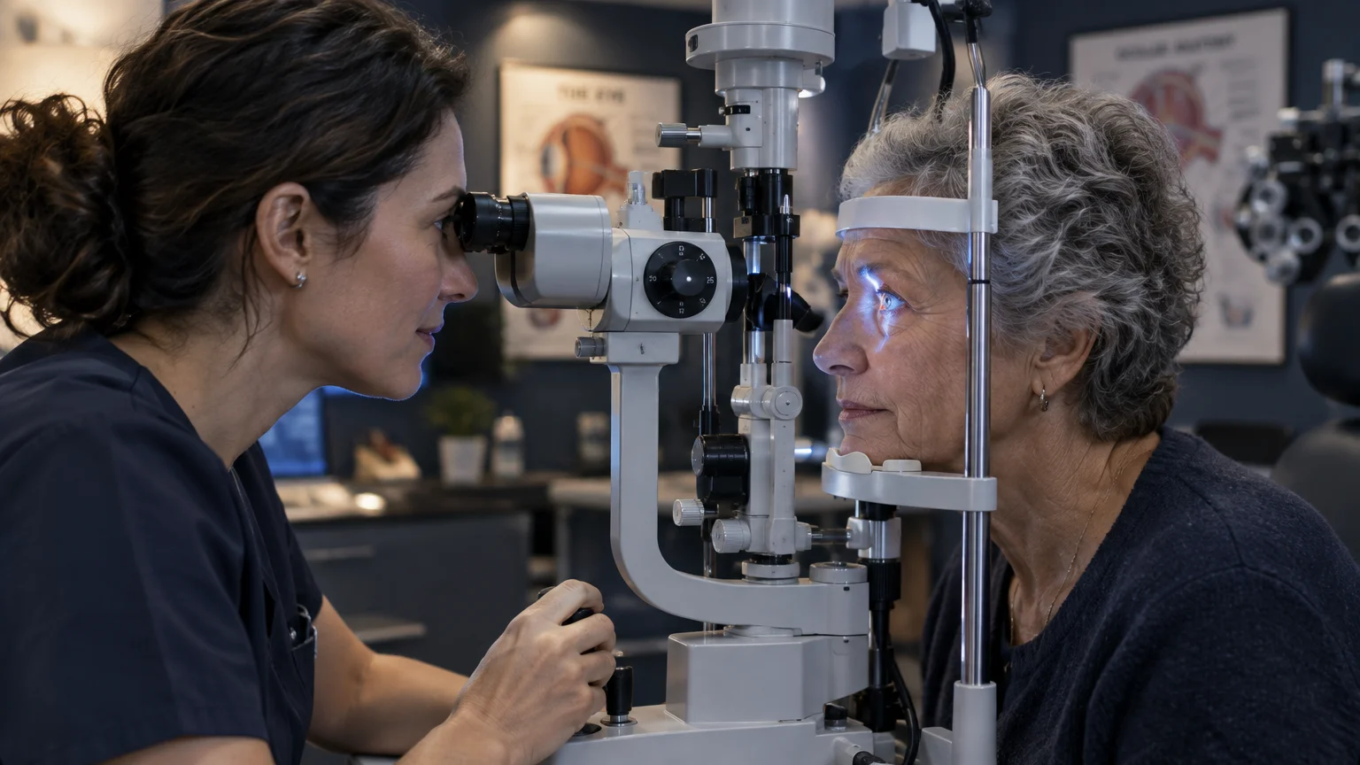 An eye doctor examines an older woman's eye using a slit lamp microscope in an examination room.