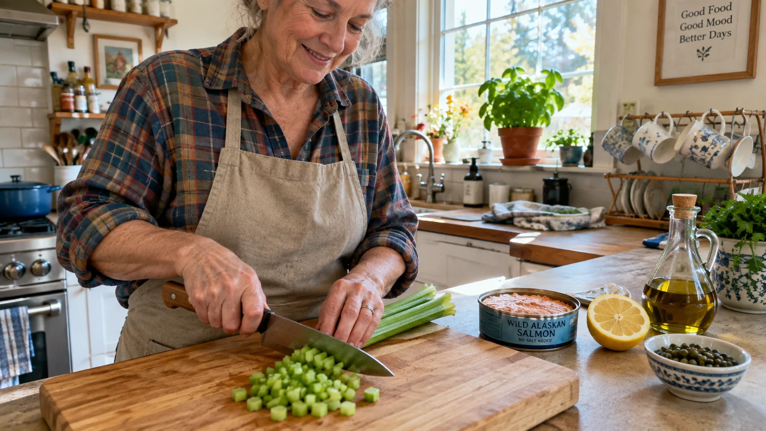 A smiling woman chops celery on a wooden board next to a can of salmon, a lemon, and olive oil in a bright kitchen.