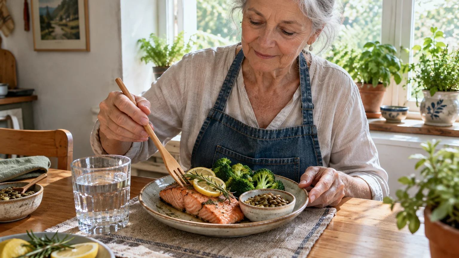 An older woman in a denim apron sits at a rustic dining table eating a plate of cooked salmon, broccoli, and seeds.
