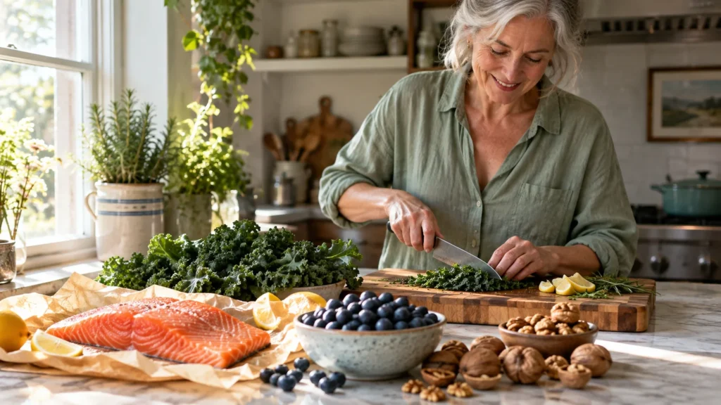 A smiling older woman chops greens on a cutting board near salmon, blueberries, kale, and walnuts in a kitchen.