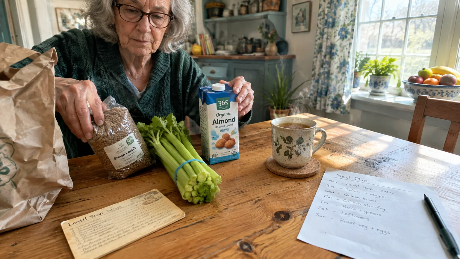An older woman unpacking groceries, including brown lentils, celery, and almond milk, beside a handwritten meal plan.