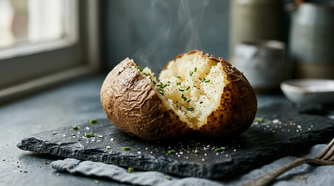 Steaming baked potato split open on a dark slate board, sprinkled with coarse salt, black pepper, and chopped chives.