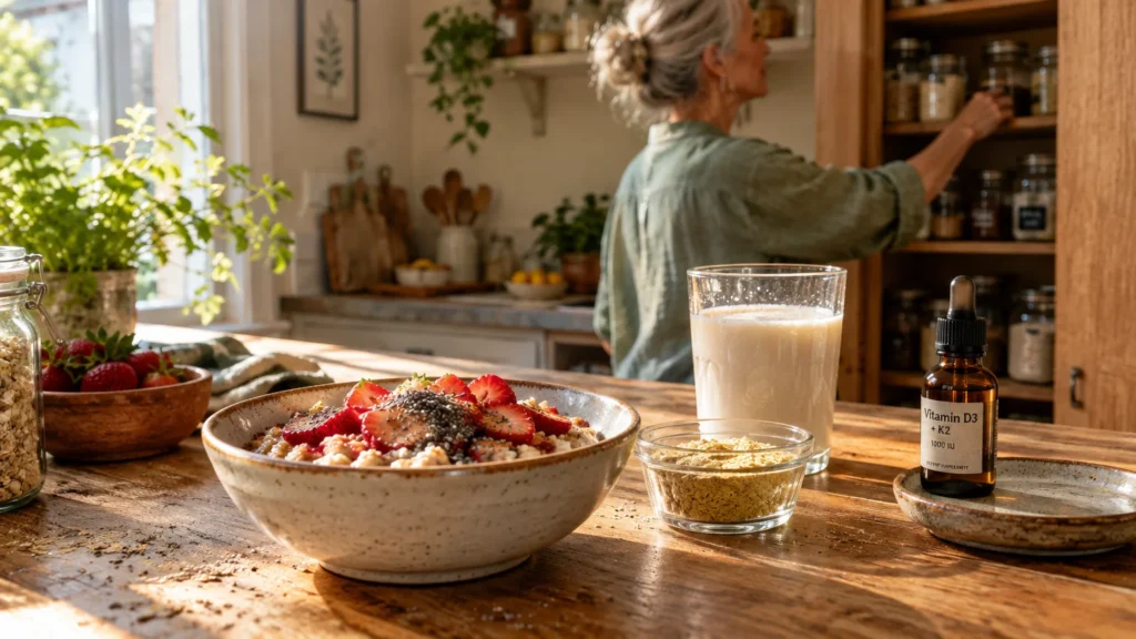 Oatmeal topped with strawberries, a glass of milk, flakes, and a vitamin dropper bottle on a kitchen counter.