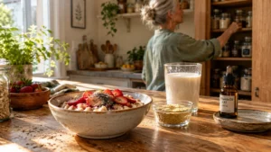 Oatmeal topped with strawberries, a glass of milk, flakes, and a vitamin dropper bottle on a kitchen counter.