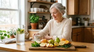 A smiling woman seated at a kitchen island with tea, infused water, and a wooden board of sliced fresh fruits and herbs.